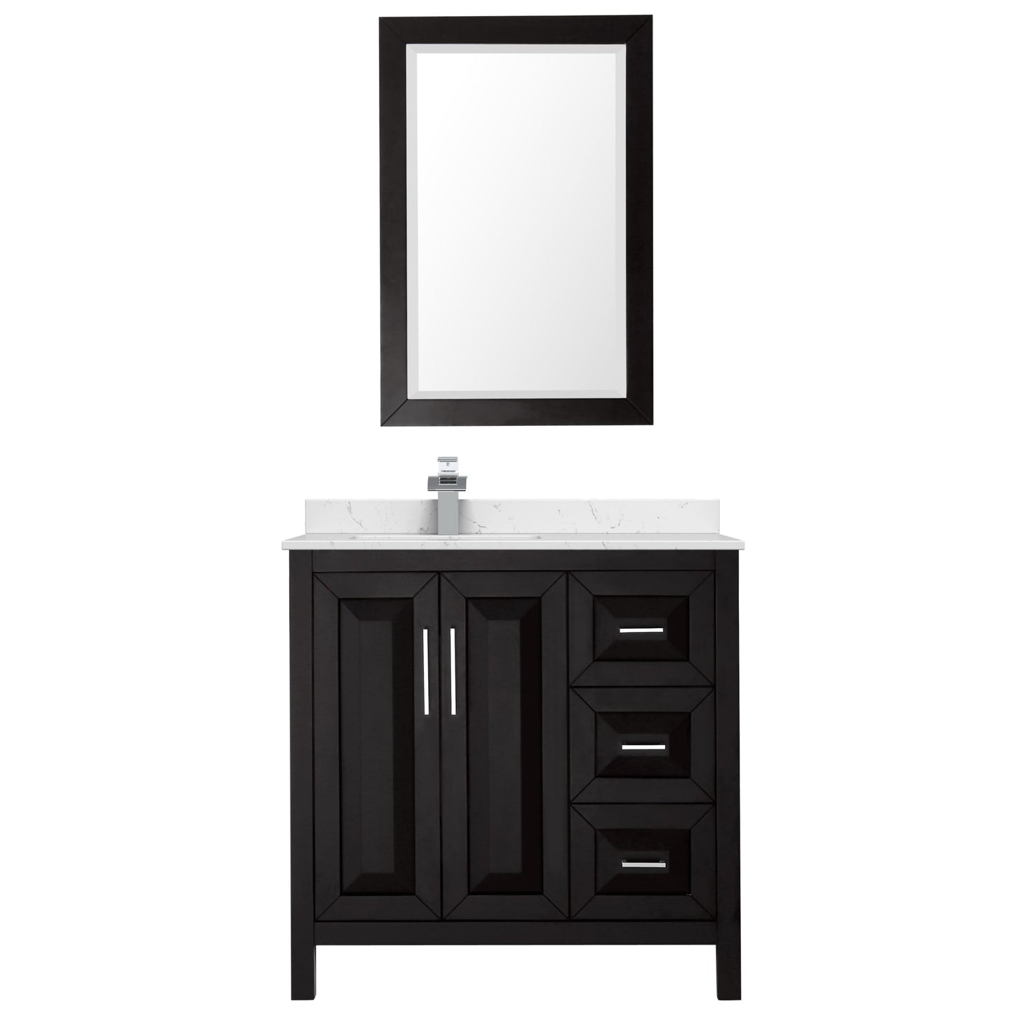 Wyndham Collection Daria 36" Single Bathroom Vanity in Dark Espresso, Carrara Cultured Marble Countertop, Undermount Square Sink (1-Hole), Polished Chrome Trim, 24" Mirror