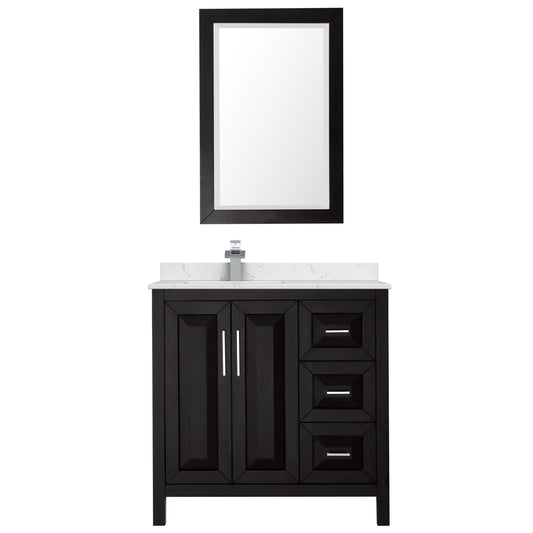 Wyndham Collection Daria 36" Single Bathroom Vanity in Dark Espresso, Carrara Cultured Marble Countertop, Undermount Square Sink (1-Hole), Polished Chrome Trim, 24" Mirror