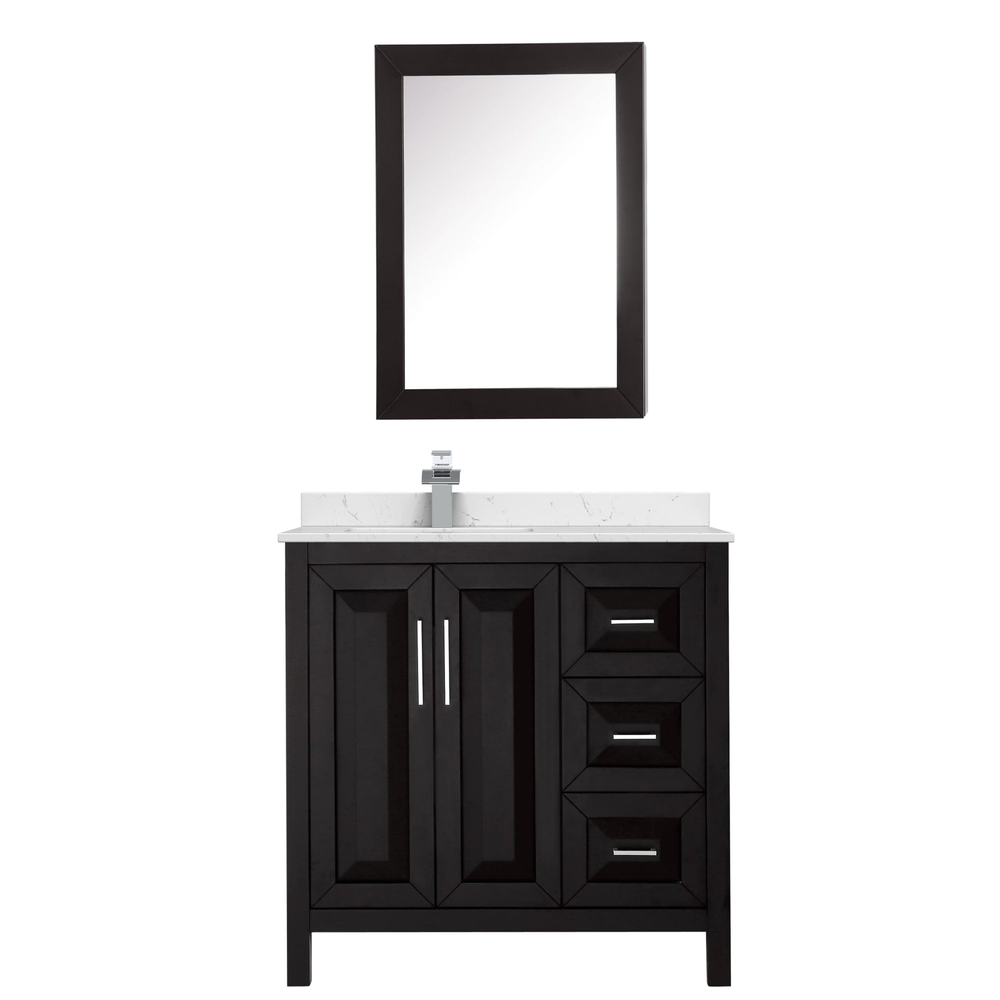 Wyndham Collection Daria 36" Single Bathroom Vanity in Dark Espresso, Carrara Cultured Marble Countertop, Undermount Square Sink (1-Hole), Polished Chrome Trim, Medicine Cabinet