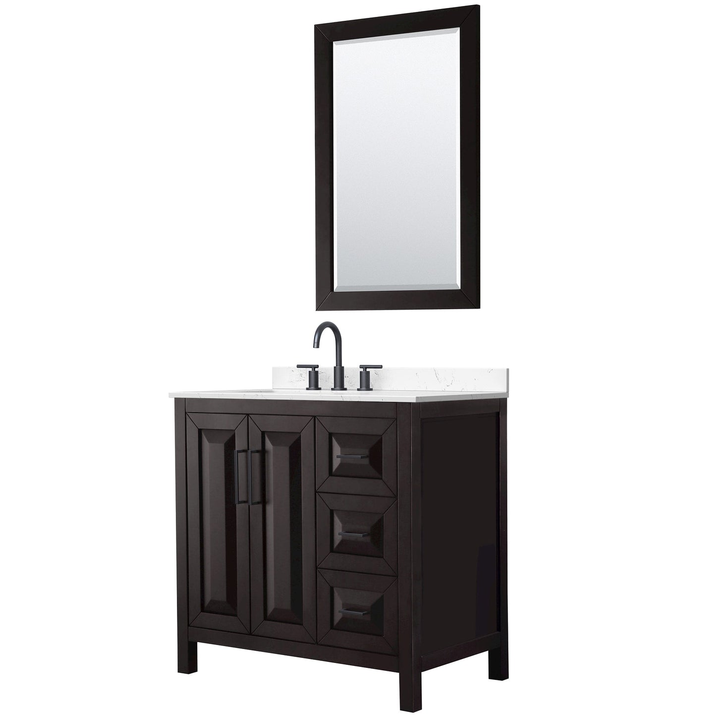 Wyndham Collection Daria 36" Single Bathroom Vanity in Dark Espresso, Carrara Cultured Marble Countertop, Undermount Square Sink (3-Hole), Matte Black Trim, 24" Mirror