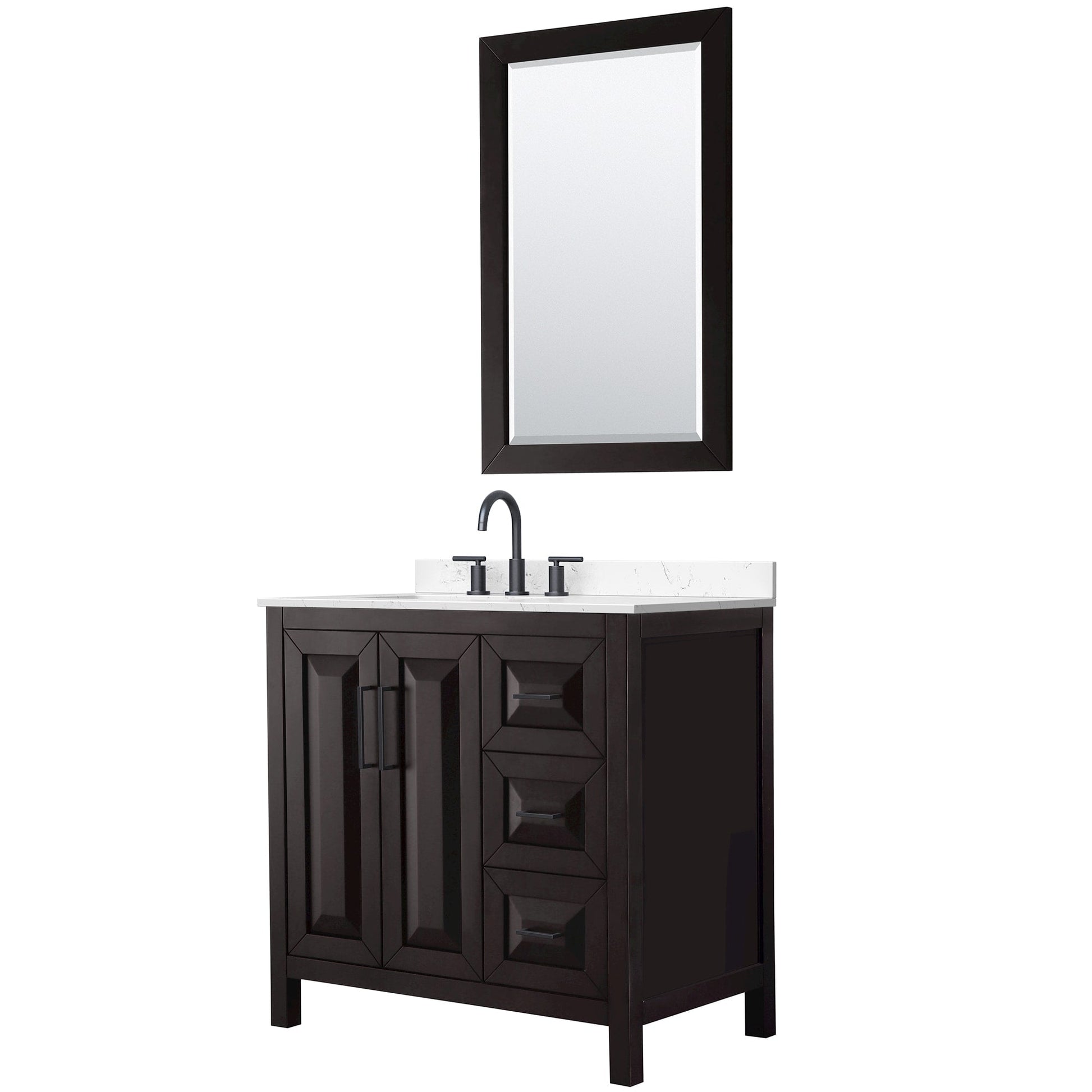 Wyndham Collection Daria 36" Single Bathroom Vanity in Dark Espresso, Carrara Cultured Marble Countertop, Undermount Square Sink (3-Hole), Matte Black Trim, 24" Mirror