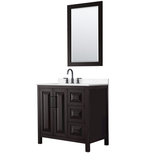 Wyndham Collection Daria 36" Single Bathroom Vanity in Dark Espresso, Carrara Cultured Marble Countertop, Undermount Square Sink (3-Hole), Matte Black Trim, 24" Mirror
