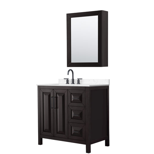 Wyndham Collection Daria 36" Single Bathroom Vanity in Dark Espresso, Carrara Cultured Marble Countertop, Undermount Square Sink (3-Hole), Matte Black Trim, Medicine Cabinet