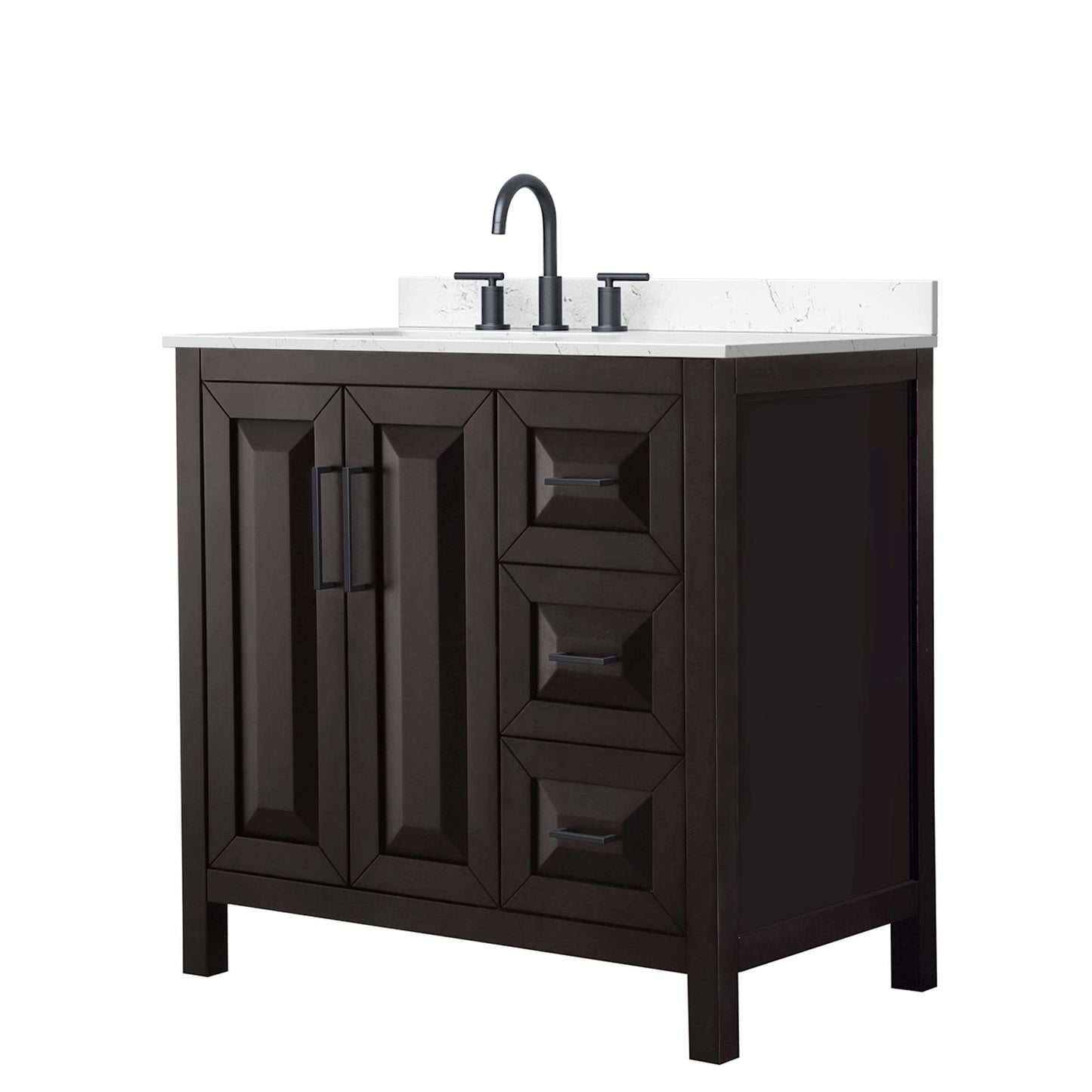 Wyndham Collection Daria 36" Single Bathroom Vanity in Dark Espresso, Carrara Cultured Marble Countertop, Undermount Square Sink (3-Hole), Matte Black Trim
