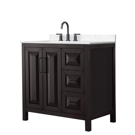Wyndham Collection Daria 36" Single Bathroom Vanity in Dark Espresso, Carrara Cultured Marble Countertop, Undermount Square Sink (3-Hole), Matte Black Trim