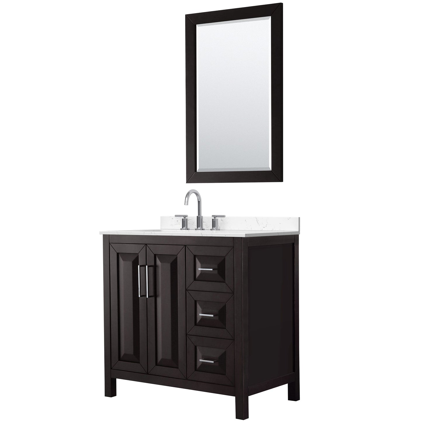 Wyndham Collection Daria 36" Single Bathroom Vanity in Dark Espresso, Carrara Cultured Marble Countertop, Undermount Square Sink (3-Hole), Polished Chrome Trim, 24" Mirror