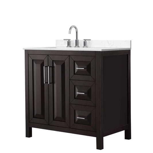 Wyndham Collection Daria 36" Single Bathroom Vanity in Dark Espresso, Carrara Cultured Marble Countertop, Undermount Square Sink (3-Hole), Polished Chrome Trim