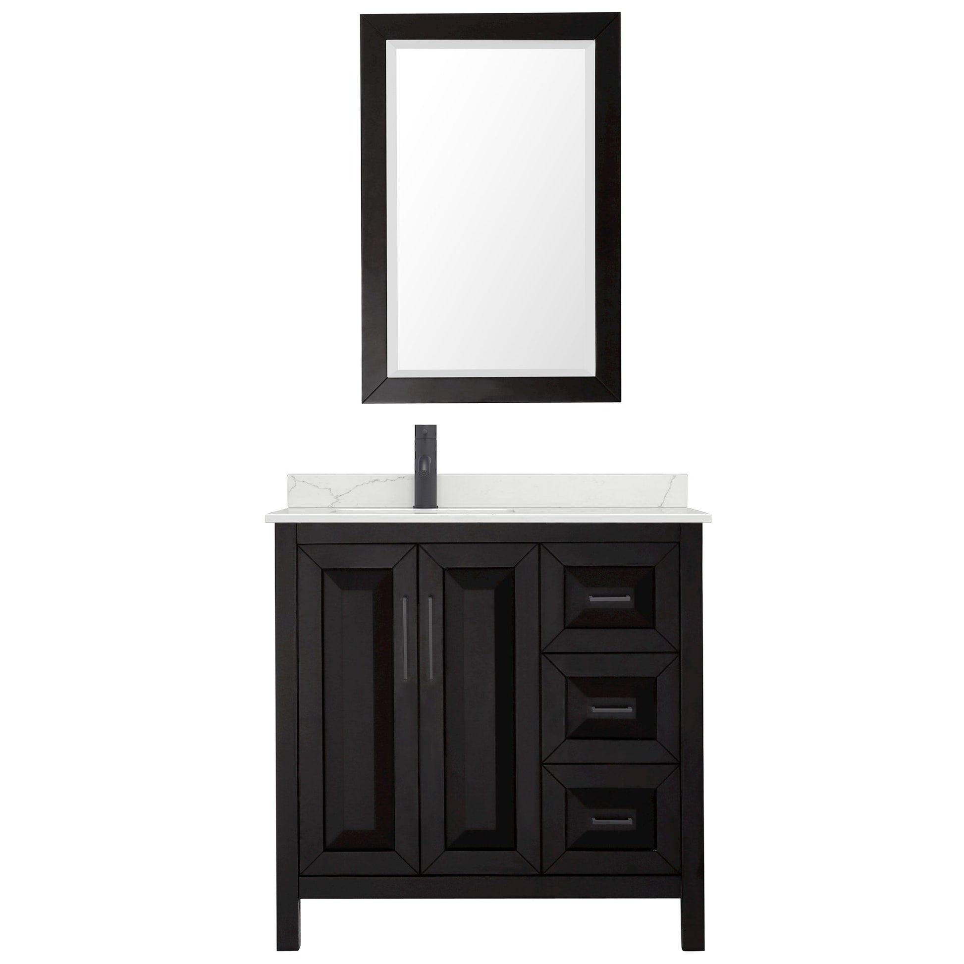 Wyndham Collection Daria 36" Single Bathroom Vanity in Dark Espresso, Giotto Quartz Countertop, Undermount Square Sink (1-Hole), Matte Black Trim, 24" Mirror