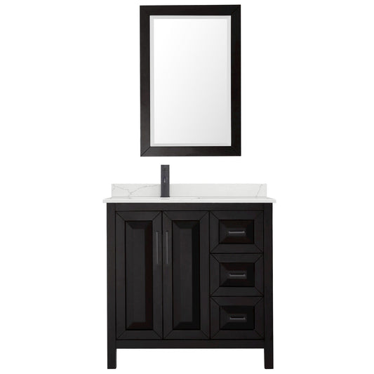 Wyndham Collection Daria 36" Single Bathroom Vanity in Dark Espresso, Giotto Quartz Countertop, Undermount Square Sink (1-Hole), Matte Black Trim, 24" Mirror