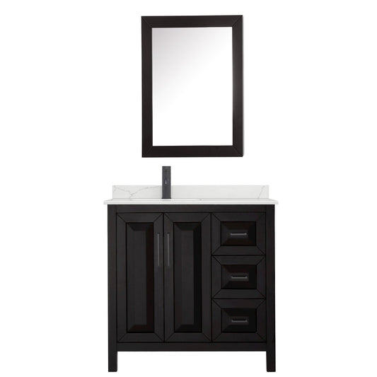 Wyndham Collection Daria 36" Single Bathroom Vanity in Dark Espresso, Giotto Quartz Countertop, Undermount Square Sink (1-Hole), Matte Black Trim, Medicine Cabinet
