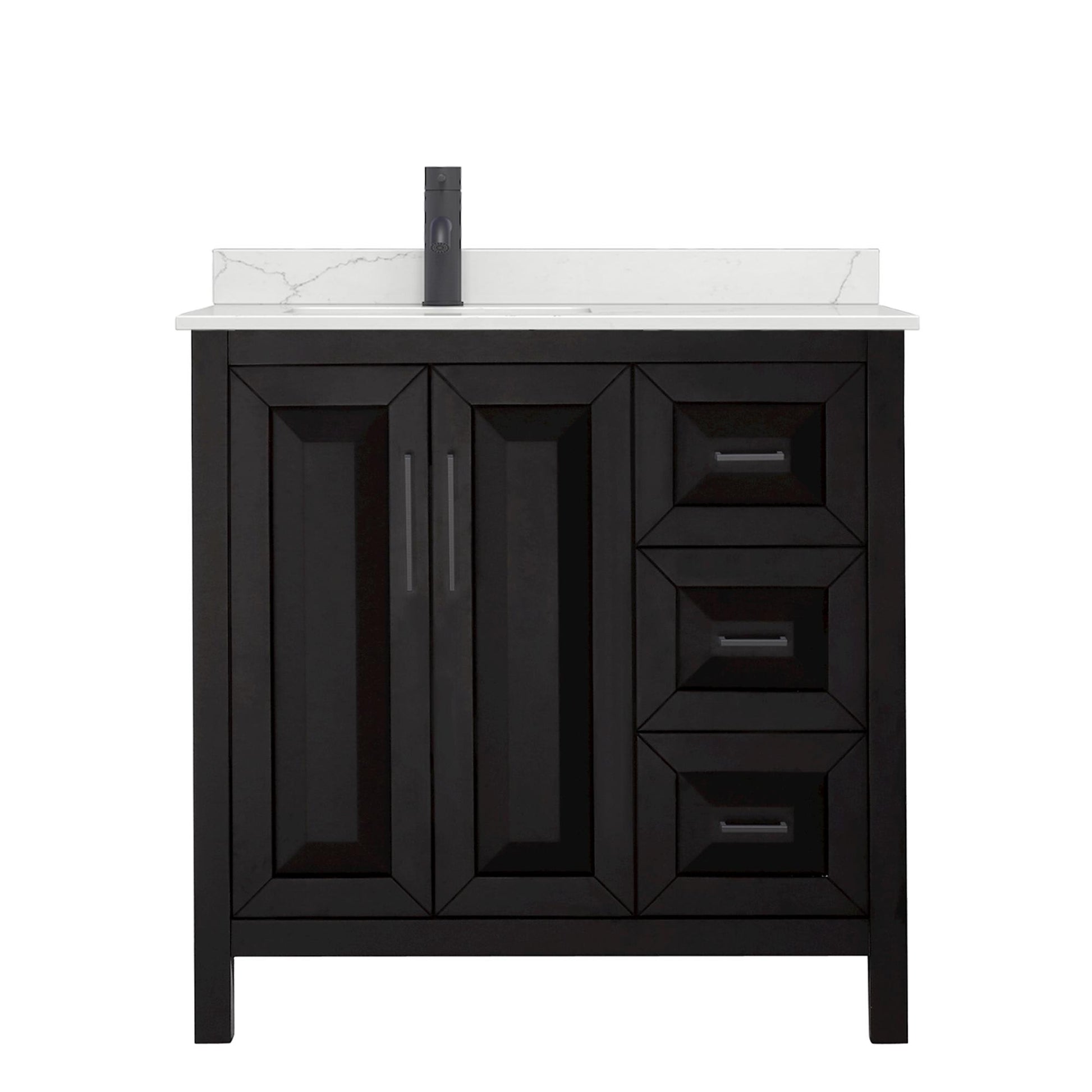 Wyndham Collection Daria 36" Single Bathroom Vanity in Dark Espresso, Giotto Quartz Countertop, Undermount Square Sink (1-Hole), Matte Black Trim