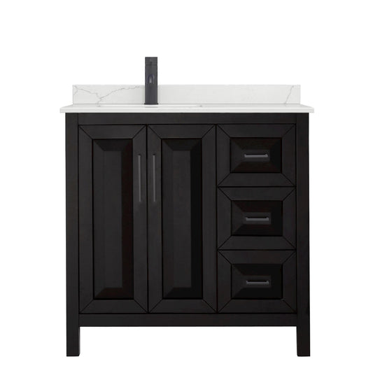 Wyndham Collection Daria 36" Single Bathroom Vanity in Dark Espresso, Giotto Quartz Countertop, Undermount Square Sink (1-Hole), Matte Black Trim