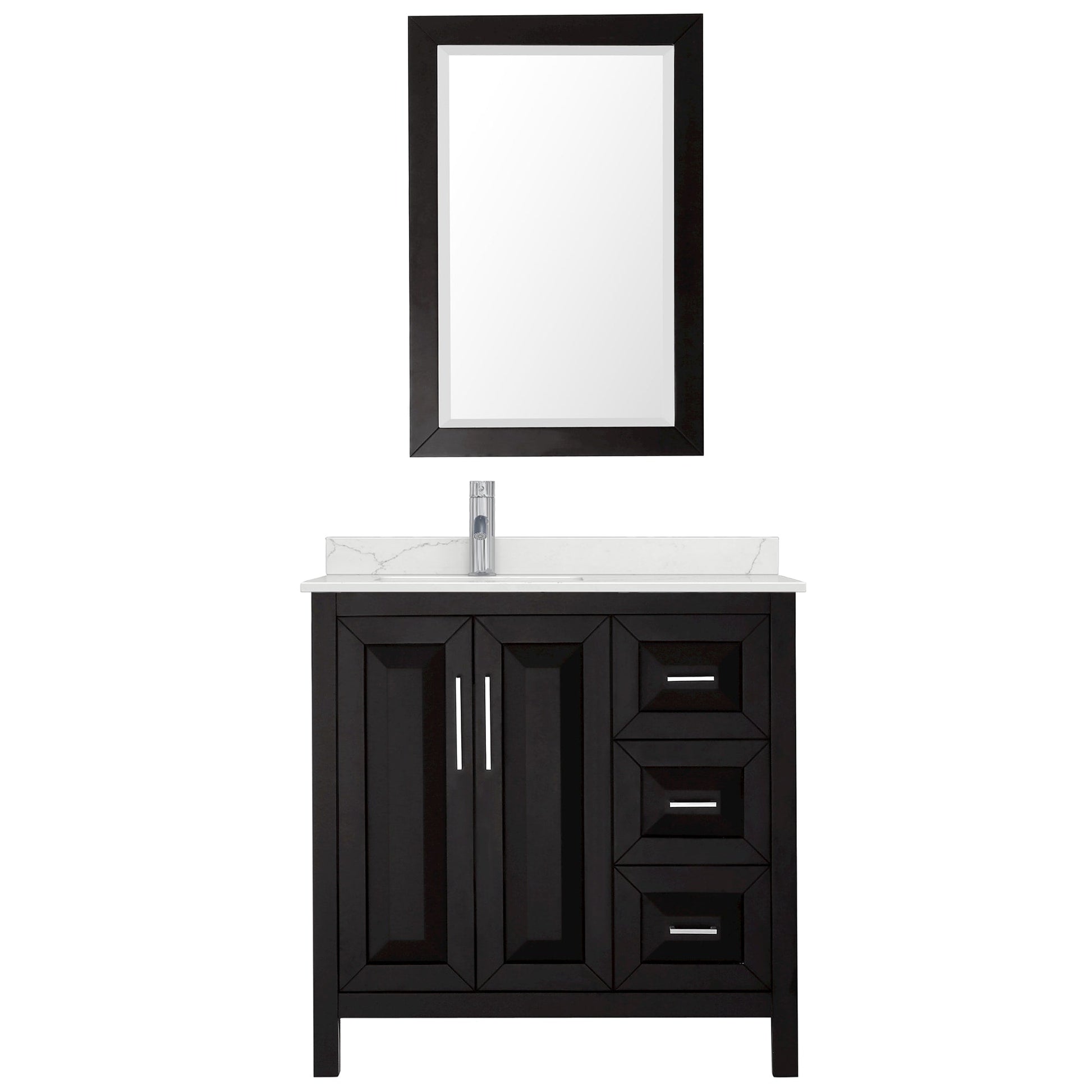 Wyndham Collection Daria 36" Single Bathroom Vanity in Dark Espresso, Giotto Quartz Countertop, Undermount Square Sink (1-Hole), Polished Chrome Trim, 24" Mirror