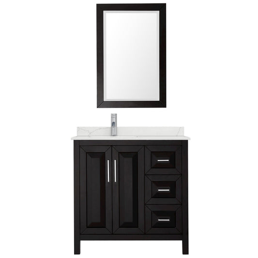 Wyndham Collection Daria 36" Single Bathroom Vanity in Dark Espresso, Giotto Quartz Countertop, Undermount Square Sink (1-Hole), Polished Chrome Trim, 24" Mirror