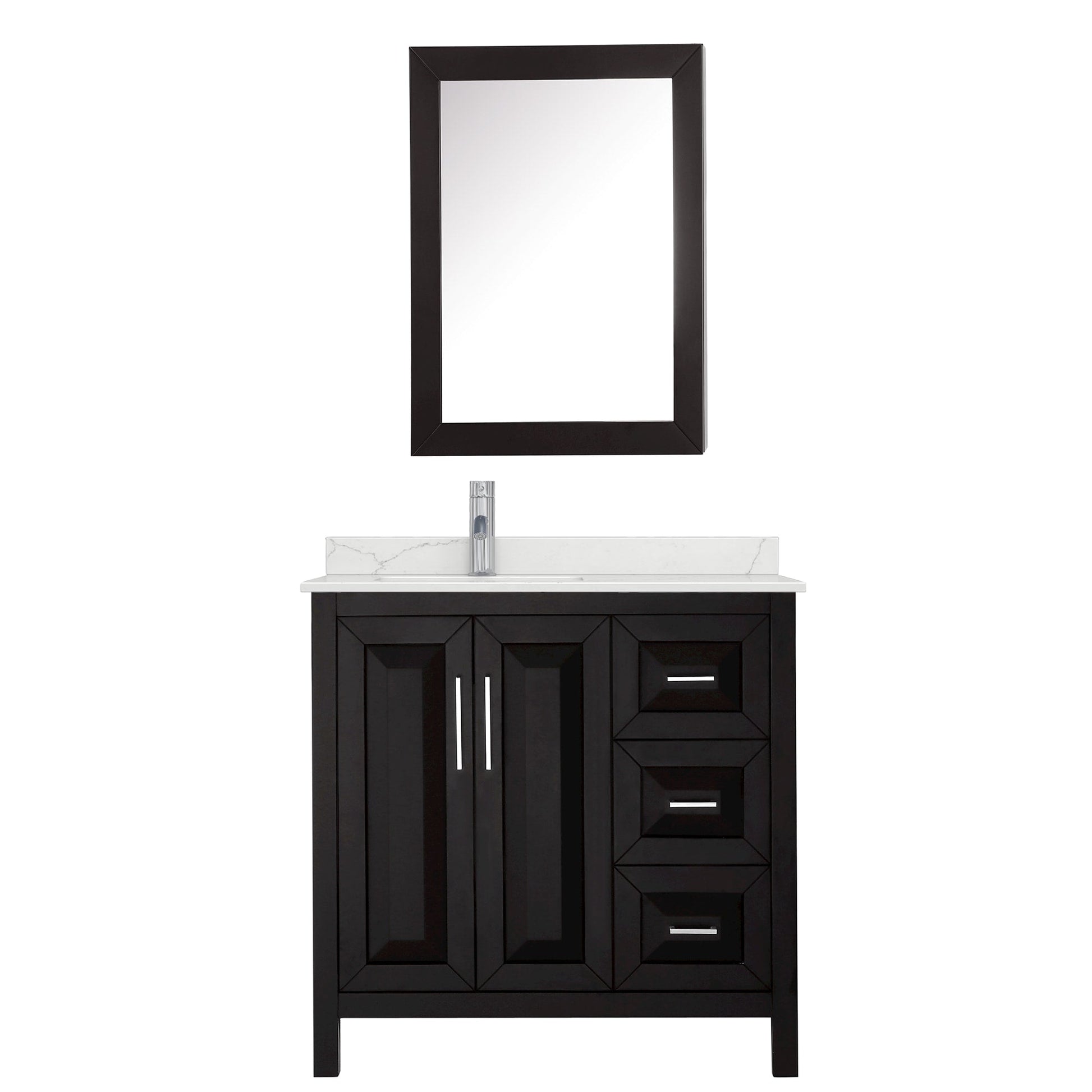 Wyndham Collection Daria 36" Single Bathroom Vanity in Dark Espresso, Giotto Quartz Countertop, Undermount Square Sink (1-Hole), Polished Chrome Trim, Medicine Cabinet