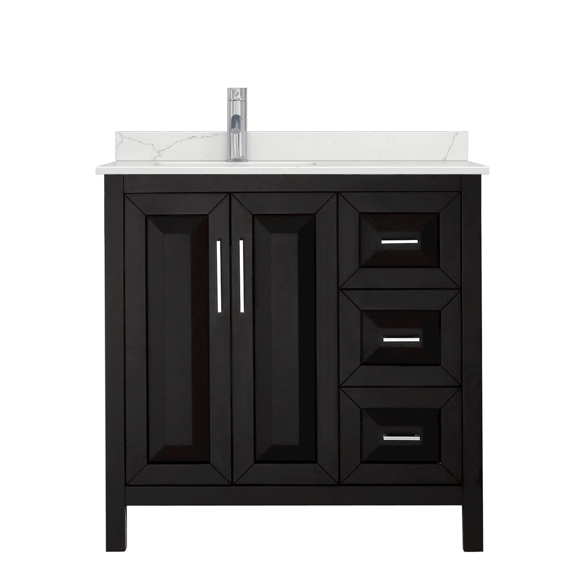 Wyndham Collection Daria 36" Single Bathroom Vanity in Dark Espresso, Giotto Quartz Countertop, Undermount Square Sink (1-Hole), Polished Chrome Trim