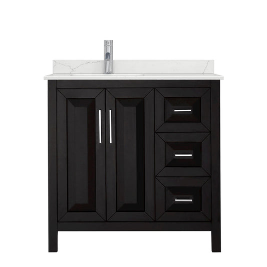 Wyndham Collection Daria 36" Single Bathroom Vanity in Dark Espresso, Giotto Quartz Countertop, Undermount Square Sink (1-Hole), Polished Chrome Trim