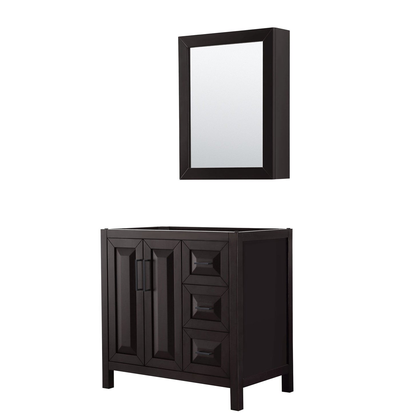 Wyndham Collection Daria 36" Single Bathroom Vanity in Dark Espresso, No Countertop, No Sink, Matte Black Trim, Medicine Cabinet