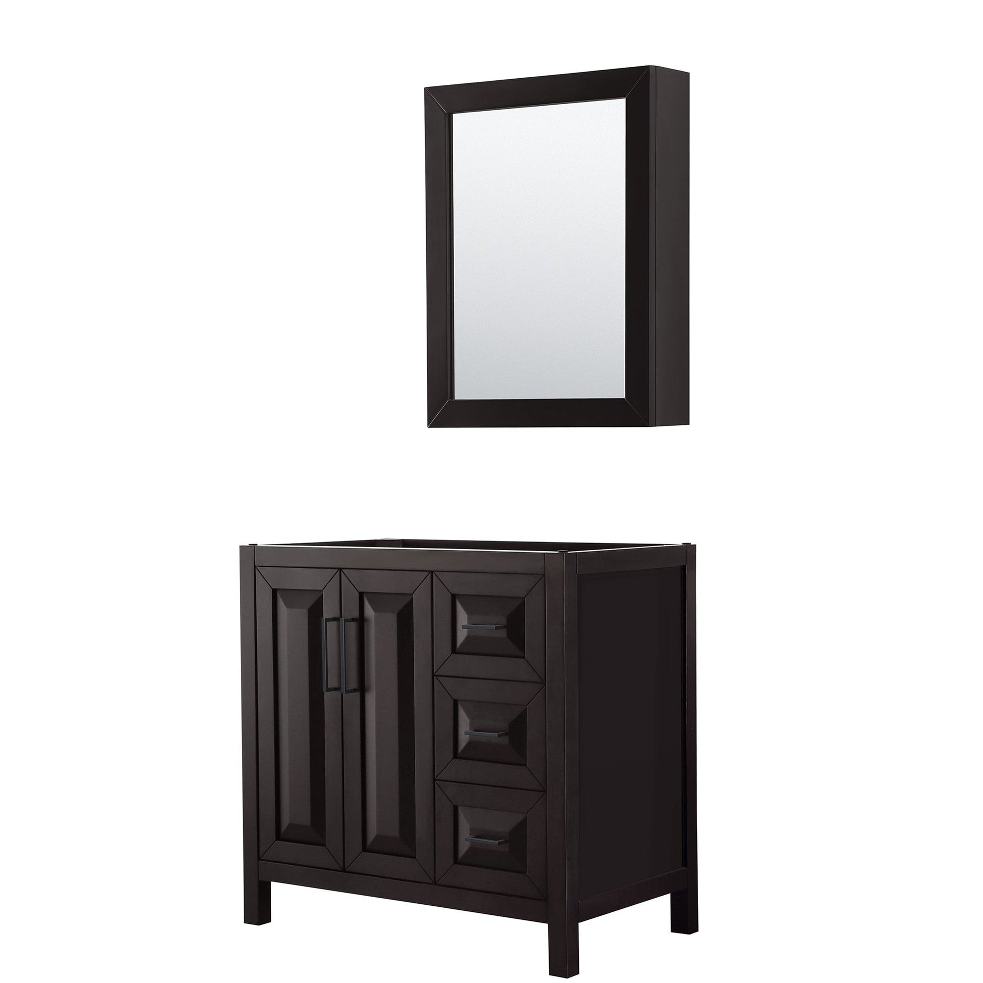 Wyndham Collection Daria 36" Single Bathroom Vanity in Dark Espresso, No Countertop, No Sink, Matte Black Trim, Medicine Cabinet