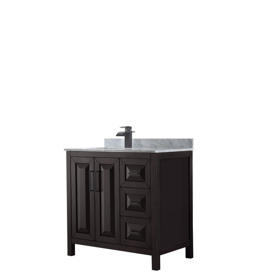Wyndham Collection Daria 36" Single Bathroom Vanity in Dark Espresso, White Carrara Marble Countertop, Undermount Square Sink, Matte Black Trim