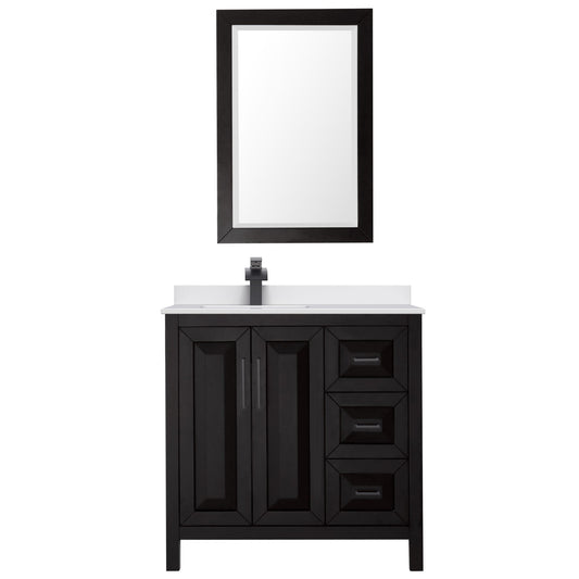 Wyndham Collection Daria 36" Single Bathroom Vanity in Dark Espresso, White Cultured Marble Countertop, Undermount Square Sink (1-Hole), Matte Black Trim, 24" Mirror