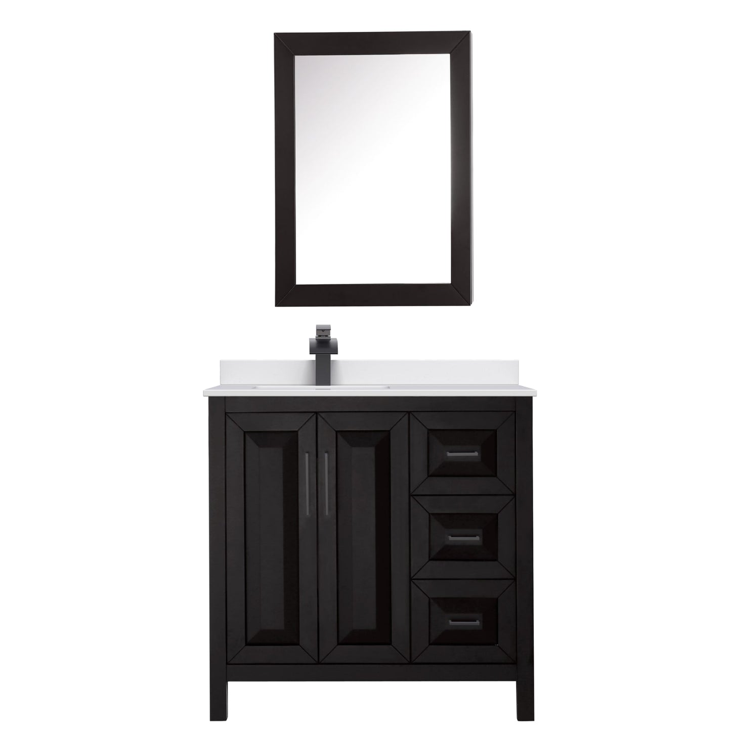 Wyndham Collection Daria 36" Single Bathroom Vanity in Dark Espresso, White Cultured Marble Countertop, Undermount Square Sink (1-Hole), Matte Black Trim, Medicine Cabinet