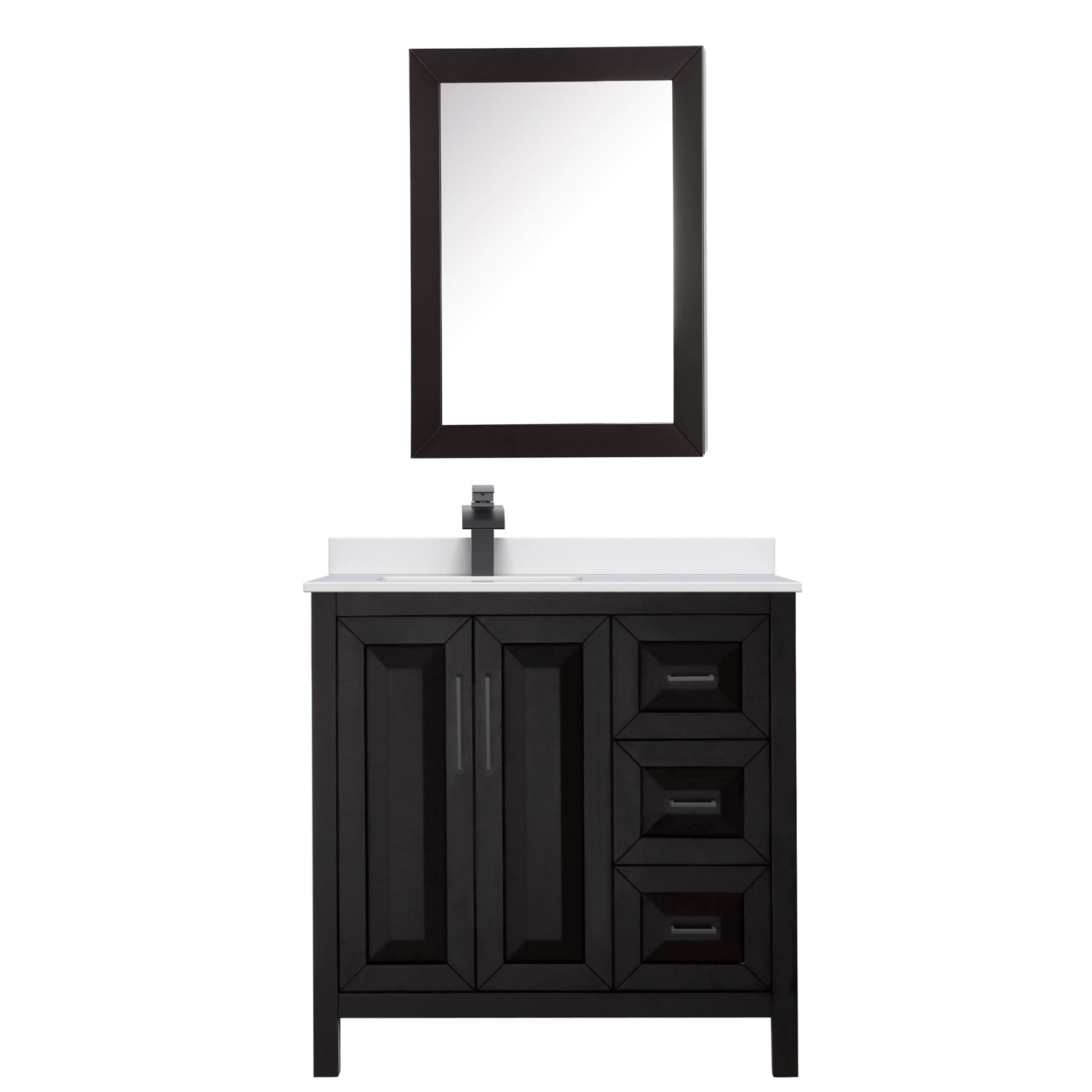 Wyndham Collection Daria 36" Single Bathroom Vanity in Dark Espresso, White Cultured Marble Countertop, Undermount Square Sink (1-Hole), Matte Black Trim, Medicine Cabinet
