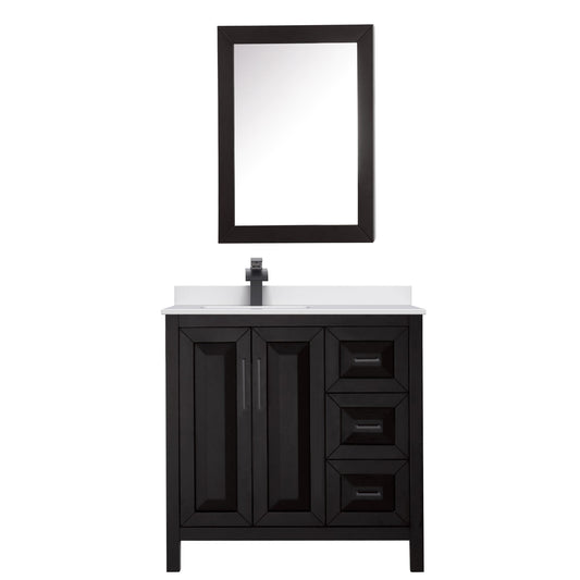 Wyndham Collection Daria 36" Single Bathroom Vanity in Dark Espresso, White Cultured Marble Countertop, Undermount Square Sink (1-Hole), Matte Black Trim, Medicine Cabinet