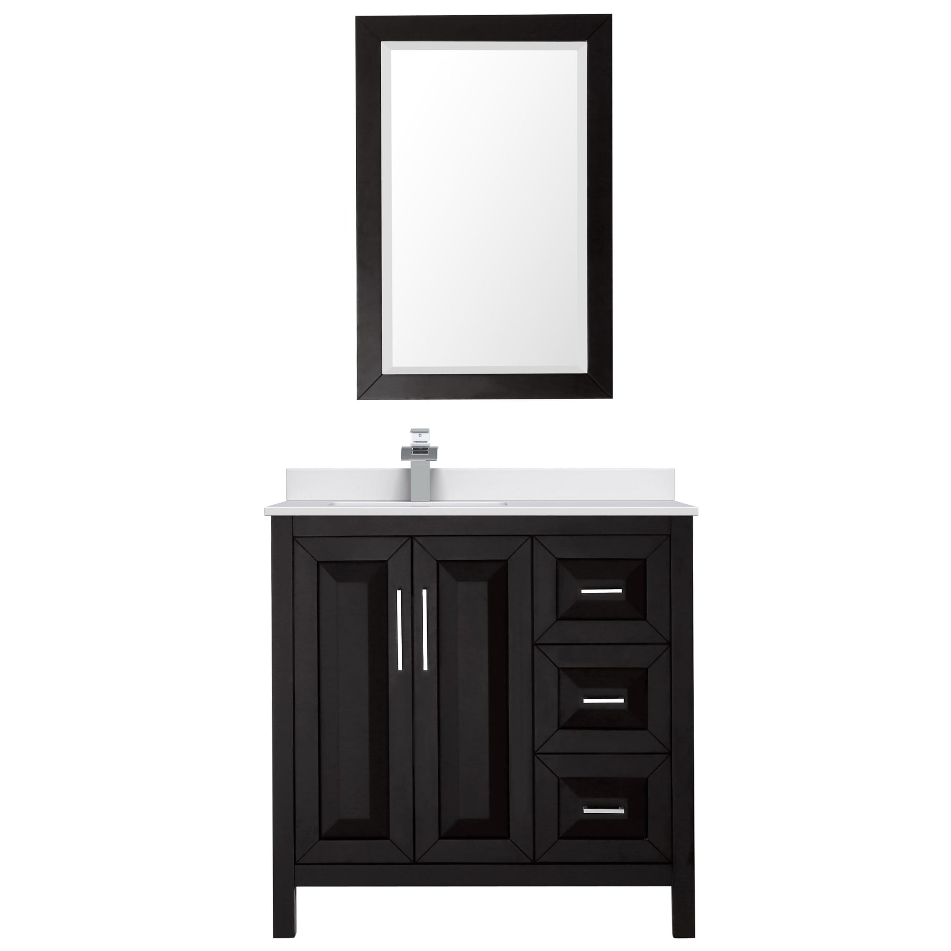 Wyndham Collection Daria 36" Single Bathroom Vanity in Dark Espresso, White Cultured Marble Countertop, Undermount Square Sink (1-Hole), Polished Chrome Trim, 24" Mirror