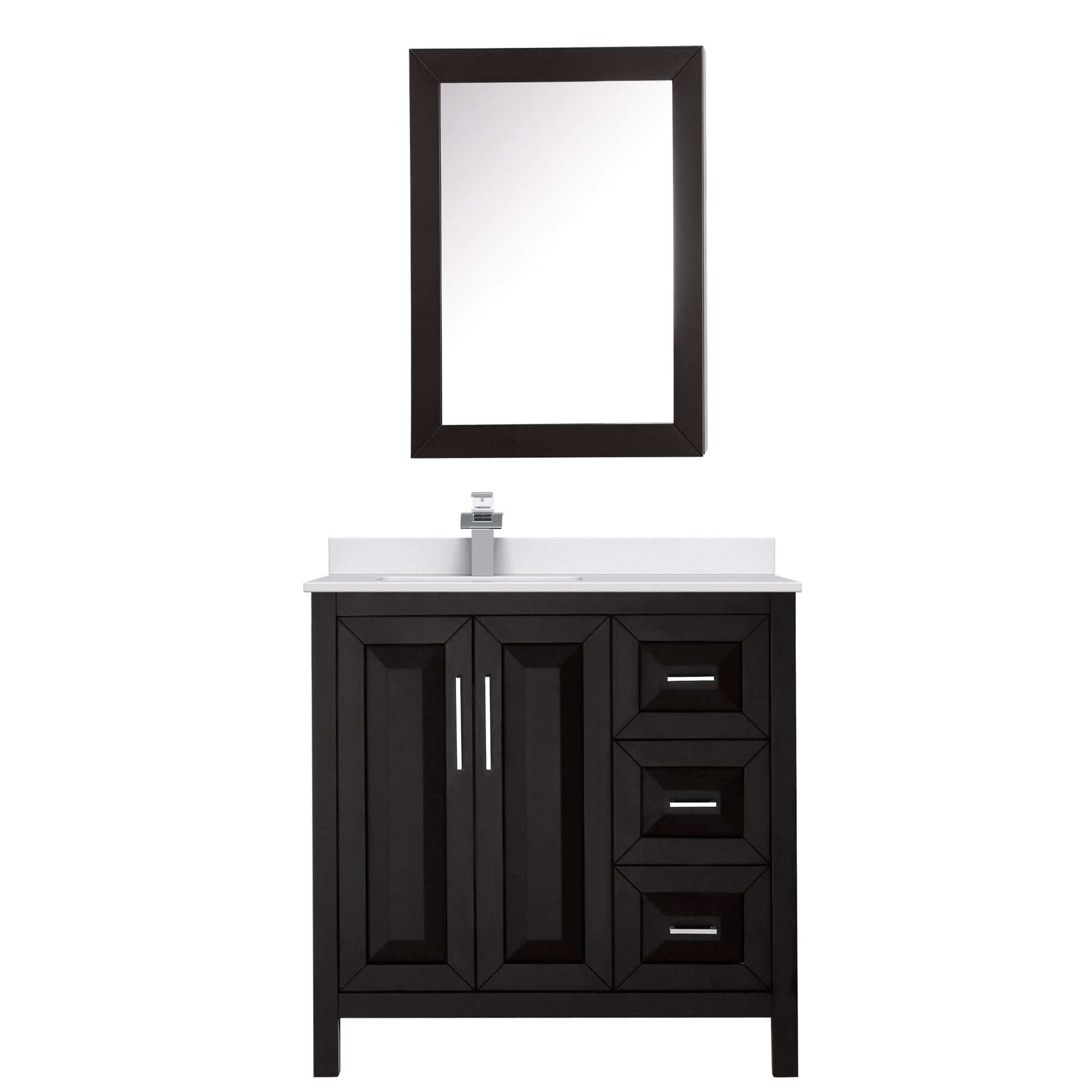 Wyndham Collection Daria 36" Single Bathroom Vanity in Dark Espresso, White Cultured Marble Countertop, Undermount Square Sink (1-Hole), Polished Chrome Trim, Medicine Cabinet