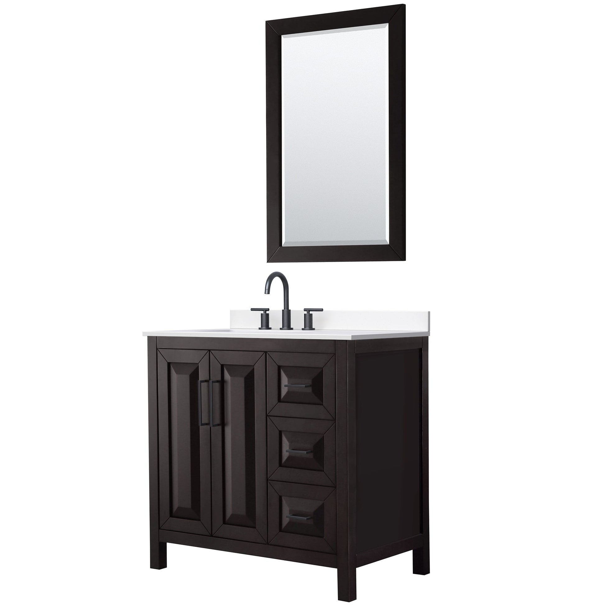 Wyndham Collection Daria 36" Single Bathroom Vanity in Dark Espresso, White Cultured Marble Countertop, Undermount Square Sink (3-Hole), Matte Black Trim, 24" Mirror