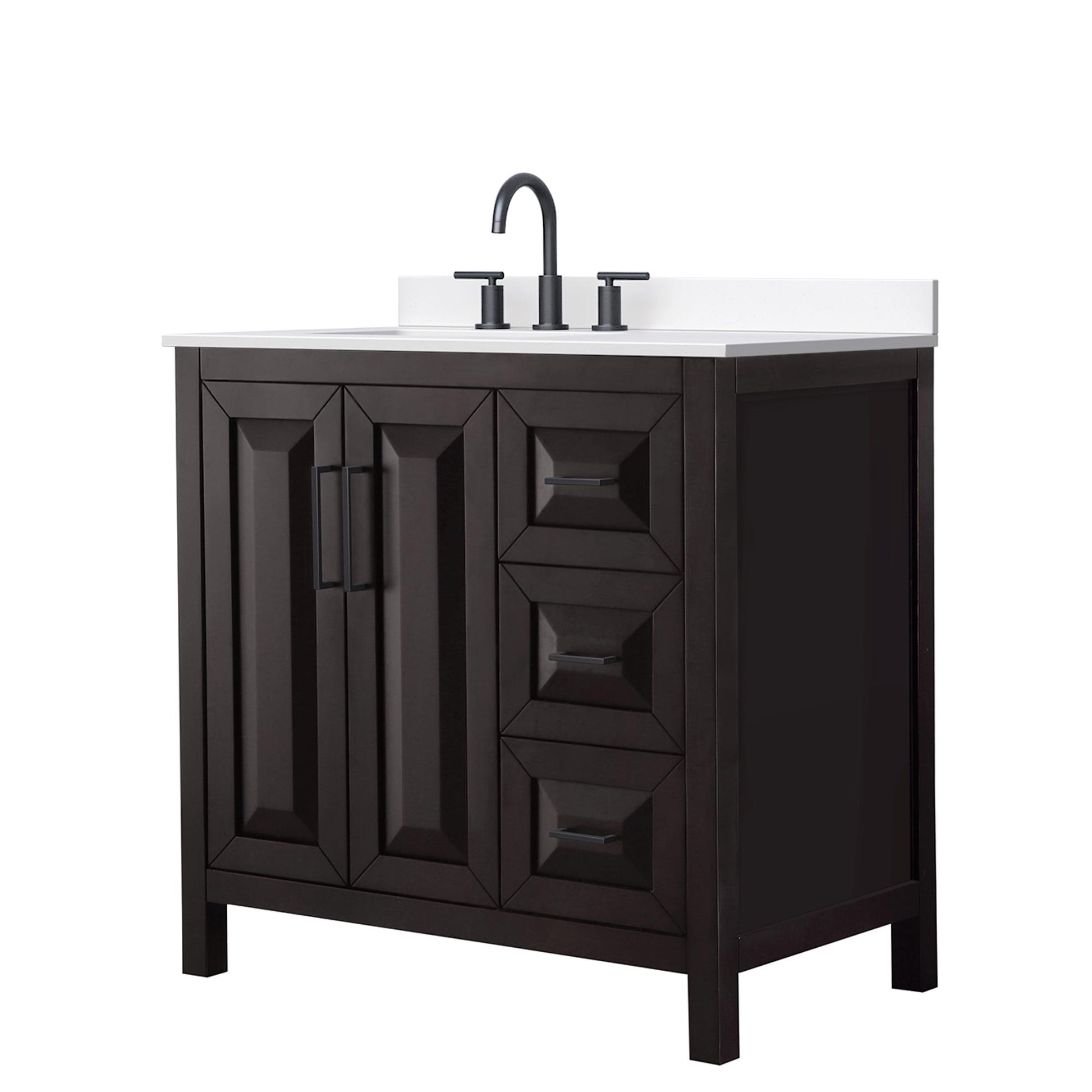 Wyndham Collection Daria 36" Single Bathroom Vanity in Dark Espresso, White Cultured Marble Countertop, Undermount Square Sink (3-Hole), Matte Black Trim