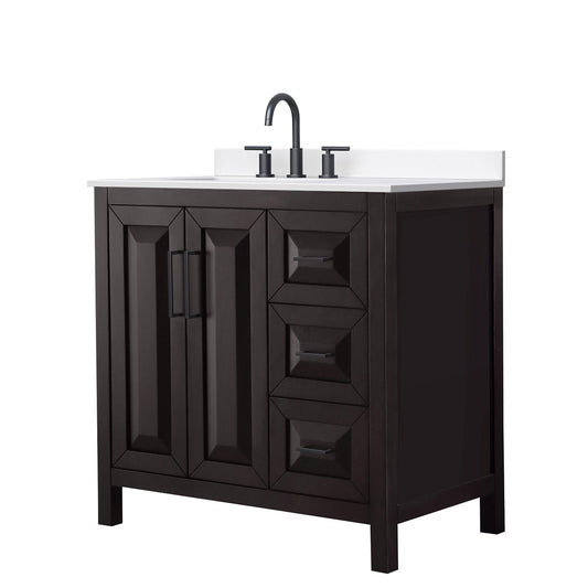 Wyndham Collection Daria 36" Single Bathroom Vanity in Dark Espresso, White Cultured Marble Countertop, Undermount Square Sink (3-Hole), Matte Black Trim