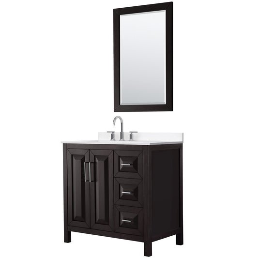 Wyndham Collection Daria 36" Single Bathroom Vanity in Dark Espresso, White Cultured Marble Countertop, Undermount Square Sink (3-Hole), Polished Chrome Trim, 24" Mirror