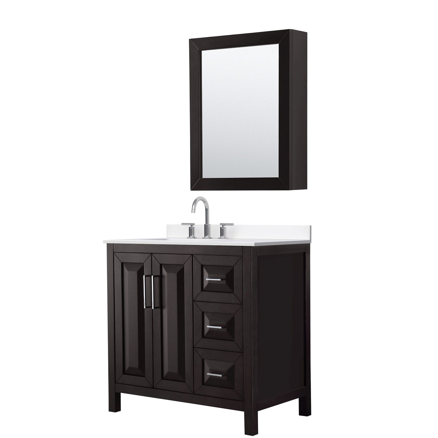 Wyndham Collection Daria 36" Single Bathroom Vanity in Dark Espresso, White Cultured Marble Countertop, Undermount Square Sink (3-Hole), Polished Chrome Trim, Medicine Cabinet