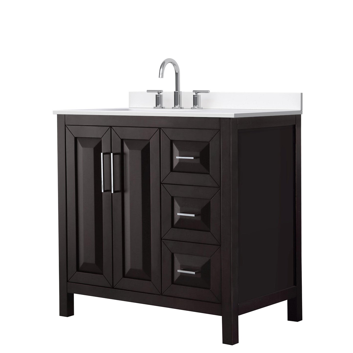 Wyndham Collection Daria 36" Single Bathroom Vanity in Dark Espresso, White Cultured Marble Countertop, Undermount Square Sink (3-Hole), Polished Chrome Trim
