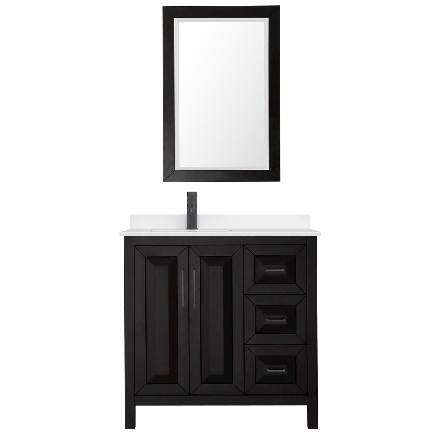 Wyndham Collection Daria 36" Single Bathroom Vanity in Dark Espresso, White Quartz Countertop, Undermount Square Sink (1-Hole), Matte Black Trim, 24" Mirror