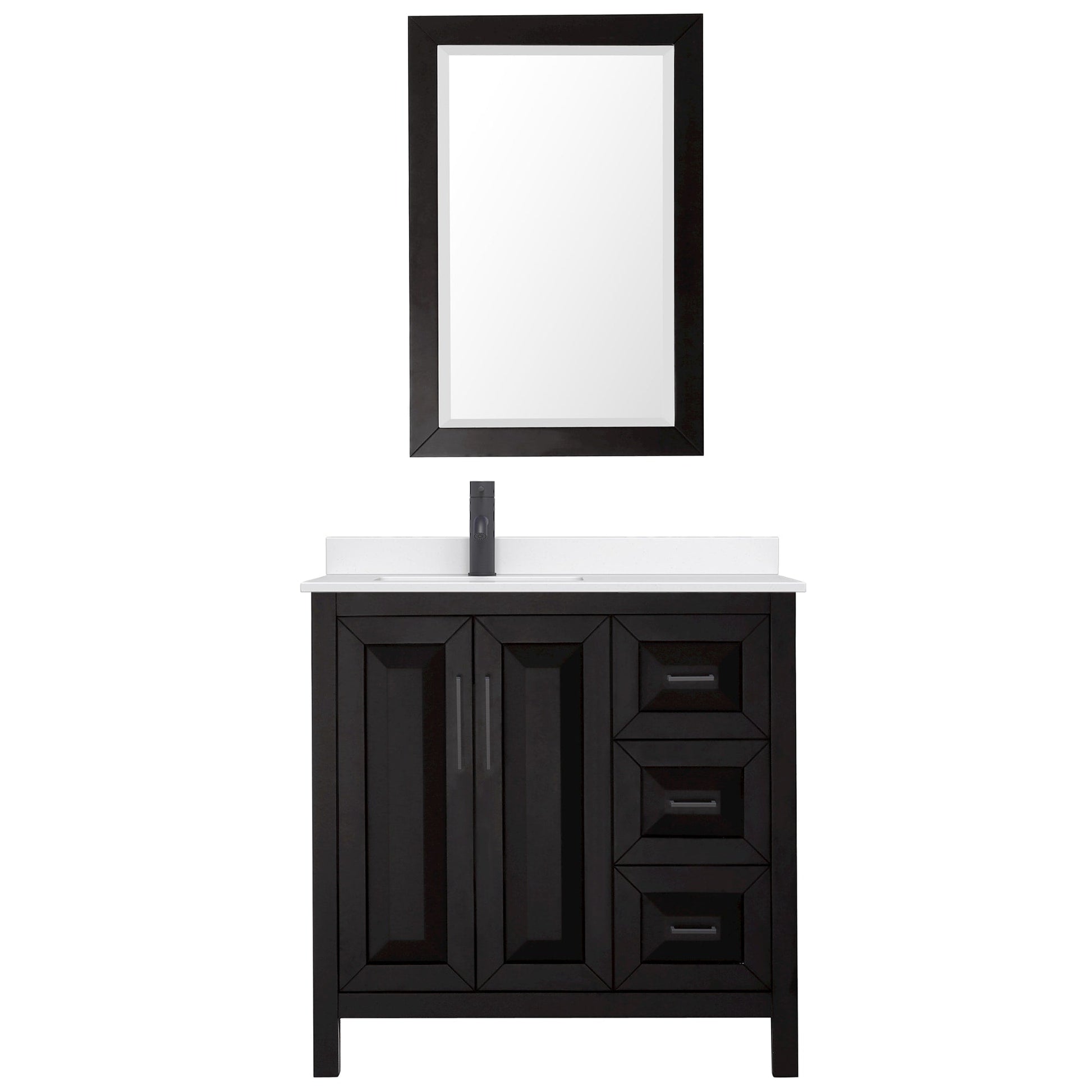 Wyndham Collection Daria 36" Single Bathroom Vanity in Dark Espresso, White Quartz Countertop, Undermount Square Sink (1-Hole), Matte Black Trim, 24" Mirror