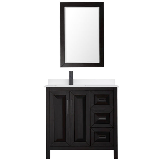 Wyndham Collection Daria 36" Single Bathroom Vanity in Dark Espresso, White Quartz Countertop, Undermount Square Sink (1-Hole), Matte Black Trim, 24" Mirror