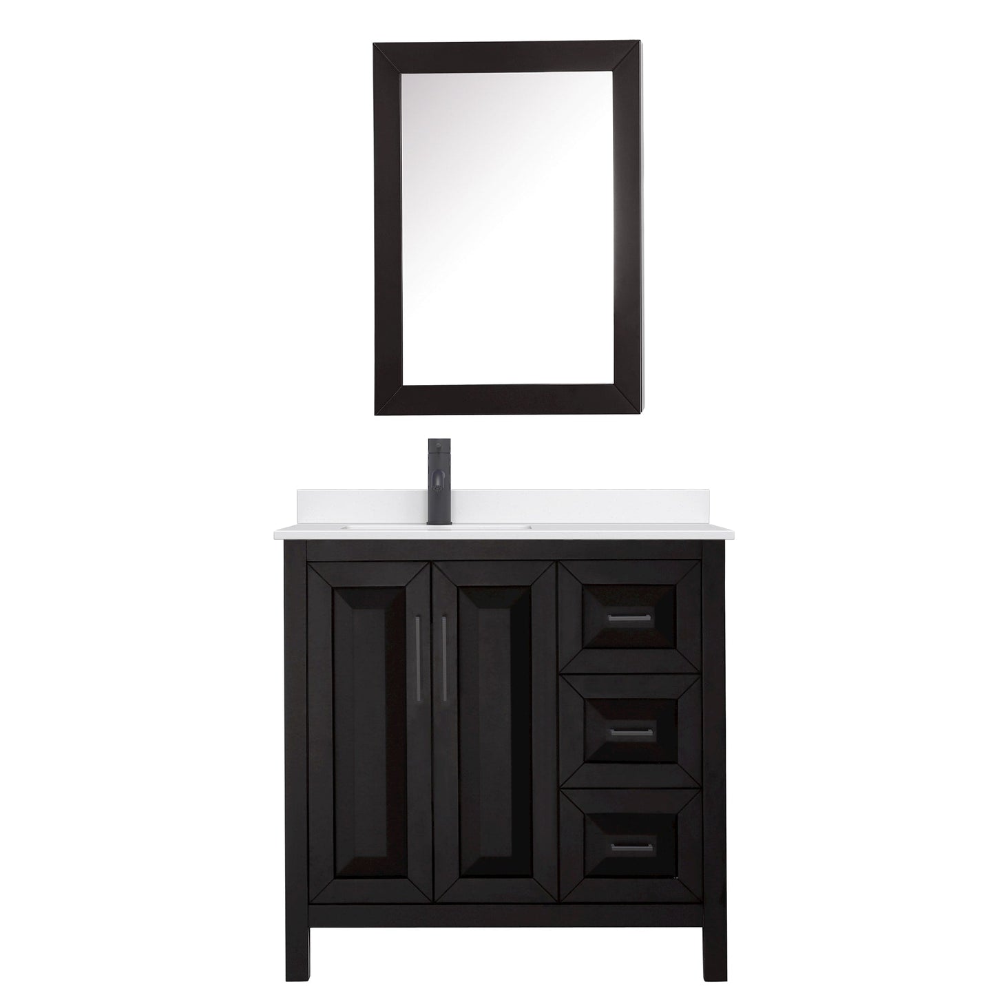Wyndham Collection Daria 36" Single Bathroom Vanity in Dark Espresso, White Quartz Countertop, Undermount Square Sink (1-Hole), Matte Black Trim, Medicine Cabinet