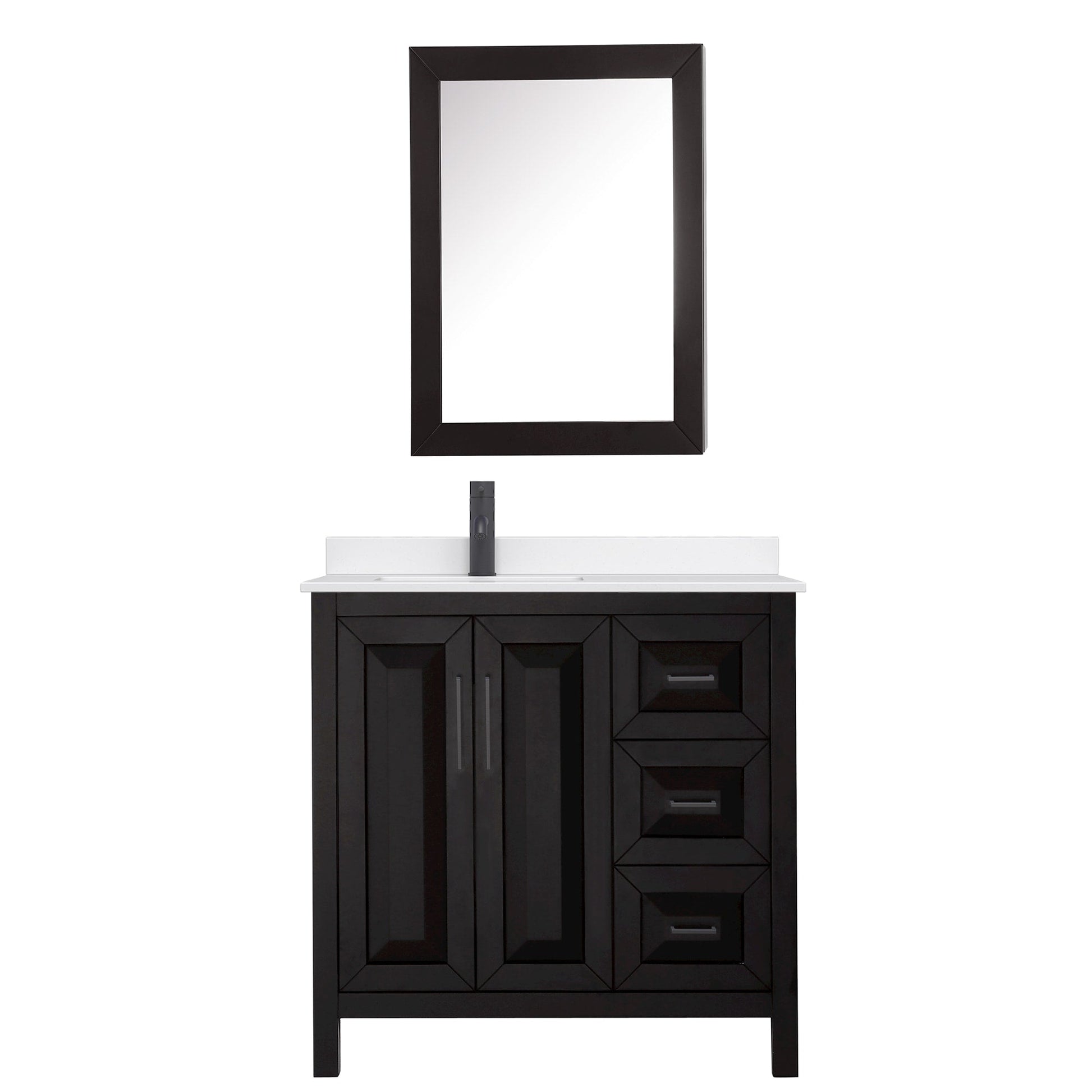 Wyndham Collection Daria 36" Single Bathroom Vanity in Dark Espresso, White Quartz Countertop, Undermount Square Sink (1-Hole), Matte Black Trim, Medicine Cabinet