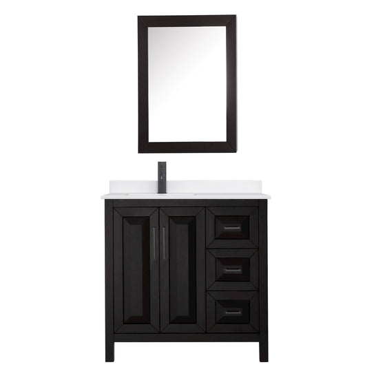 Wyndham Collection Daria 36" Single Bathroom Vanity in Dark Espresso, White Quartz Countertop, Undermount Square Sink (1-Hole), Matte Black Trim, Medicine Cabinet