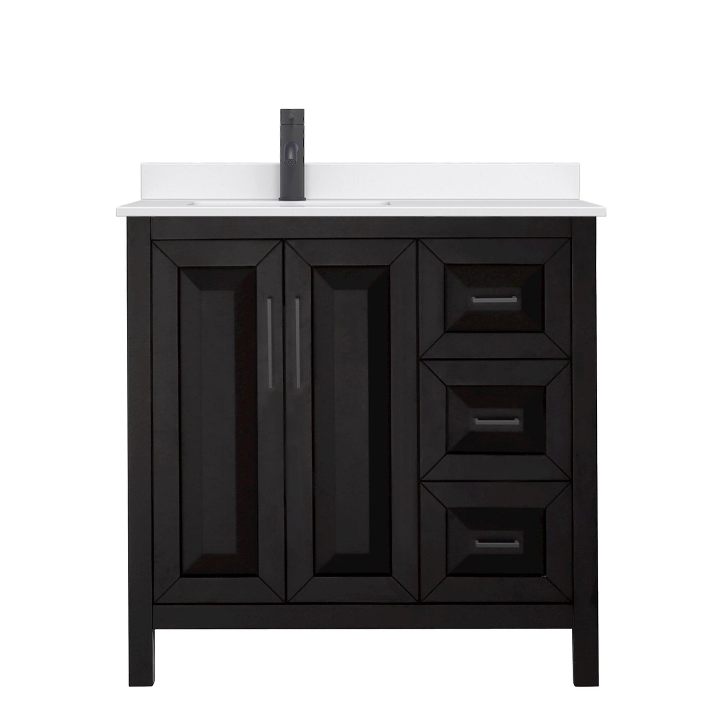 Wyndham Collection Daria 36" Single Bathroom Vanity in Dark Espresso, White Quartz Countertop, Undermount Square Sink (1-Hole), Matte Black Trim