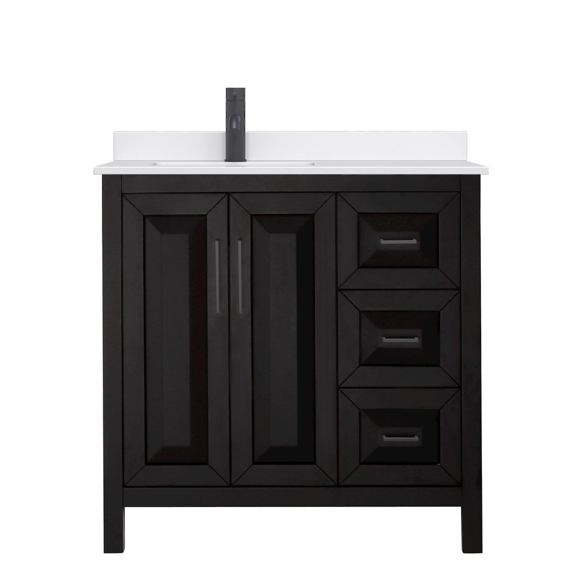 Wyndham Collection Daria 36" Single Bathroom Vanity in Dark Espresso, White Quartz Countertop, Undermount Square Sink (1-Hole), Matte Black Trim