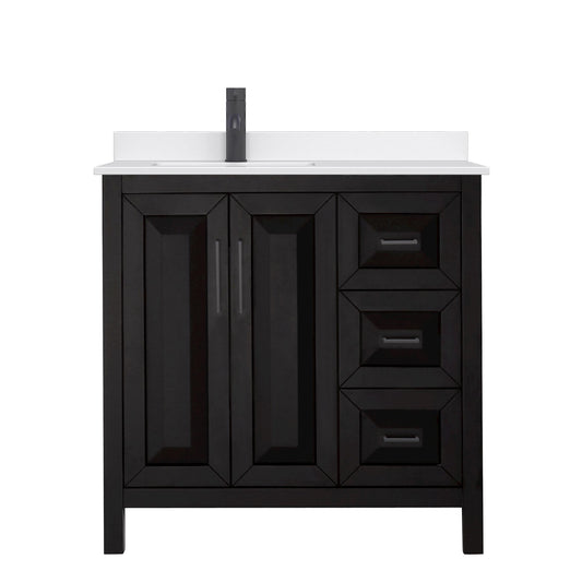 Wyndham Collection Daria 36" Single Bathroom Vanity in Dark Espresso, White Quartz Countertop, Undermount Square Sink (1-Hole), Matte Black Trim