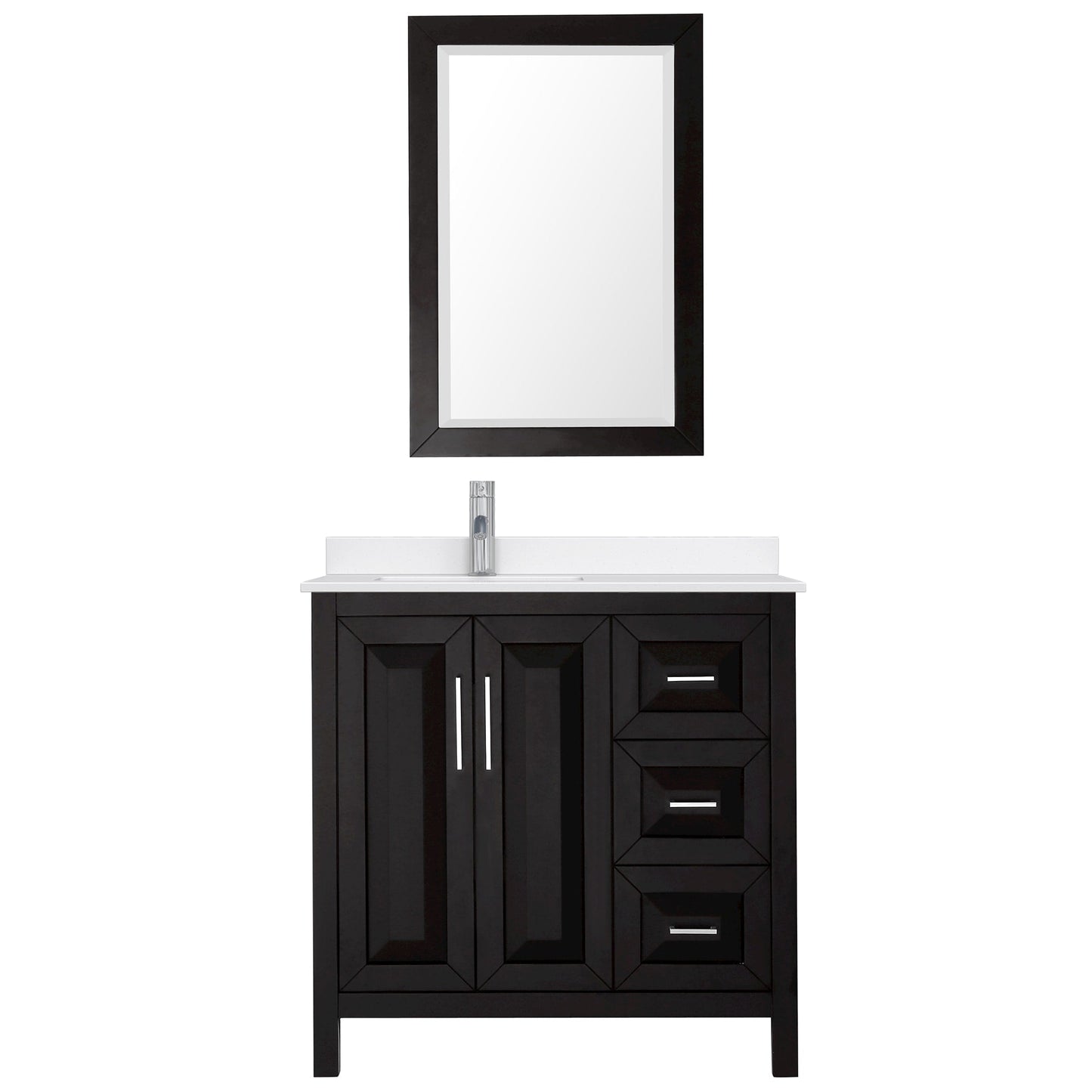 Wyndham Collection Daria 36" Single Bathroom Vanity in Dark Espresso, White Quartz Countertop, Undermount Square Sink (1-Hole), Polished Chrome Trim, 24" Mirror
