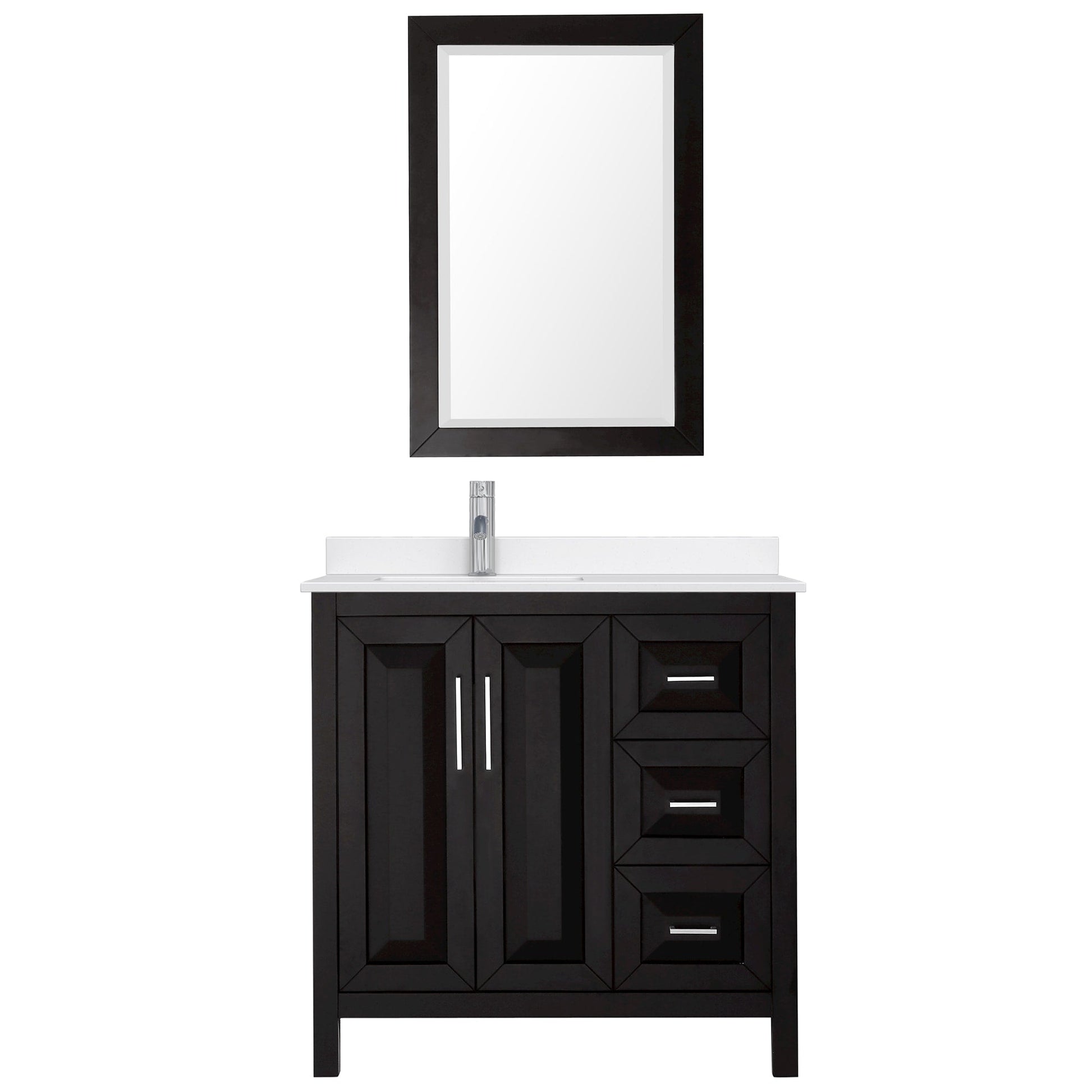 Wyndham Collection Daria 36" Single Bathroom Vanity in Dark Espresso, White Quartz Countertop, Undermount Square Sink (1-Hole), Polished Chrome Trim, 24" Mirror