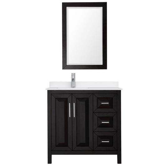 Wyndham Collection Daria 36" Single Bathroom Vanity in Dark Espresso, White Quartz Countertop, Undermount Square Sink (1-Hole), Polished Chrome Trim, 24" Mirror