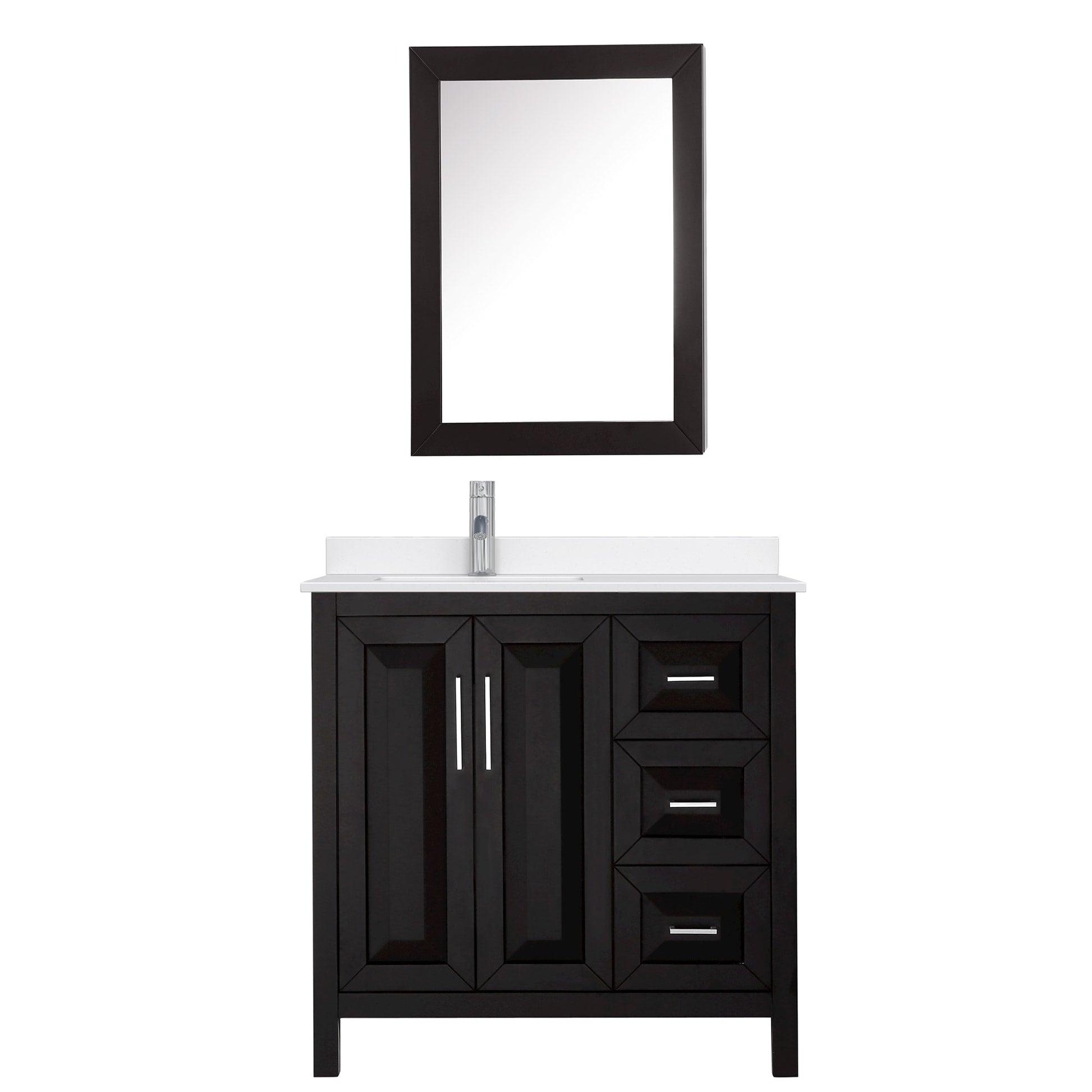 Wyndham Collection Daria 36" Single Bathroom Vanity in Dark Espresso, White Quartz Countertop, Undermount Square Sink (1-Hole), Polished Chrome Trim, Medicine Cabinet