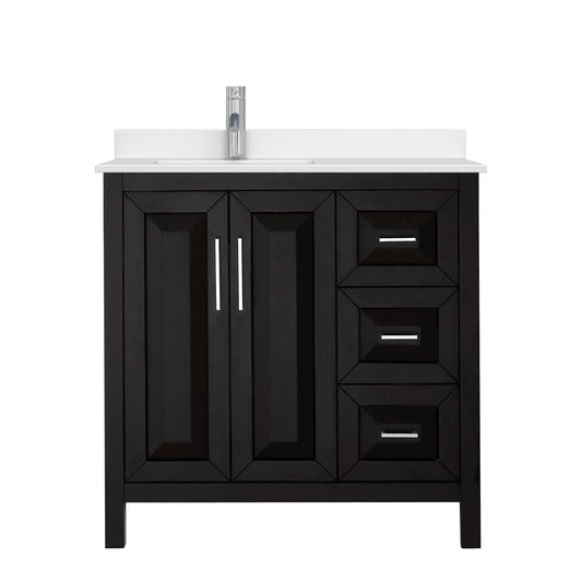 Wyndham Collection Daria 36" Single Bathroom Vanity in Dark Espresso, White Quartz Countertop, Undermount Square Sink (1-Hole), Polished Chrome Trim
